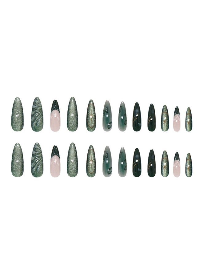 BSBTBZ 24Pcs Green Press on Nails Medium Almond Fake Nails with Green Ripple French Cat Eye Design Handmade Stick on Nails Glitter Full Cover Artificial Nails for Women DIY Manicure Daily Wear - Image 5
